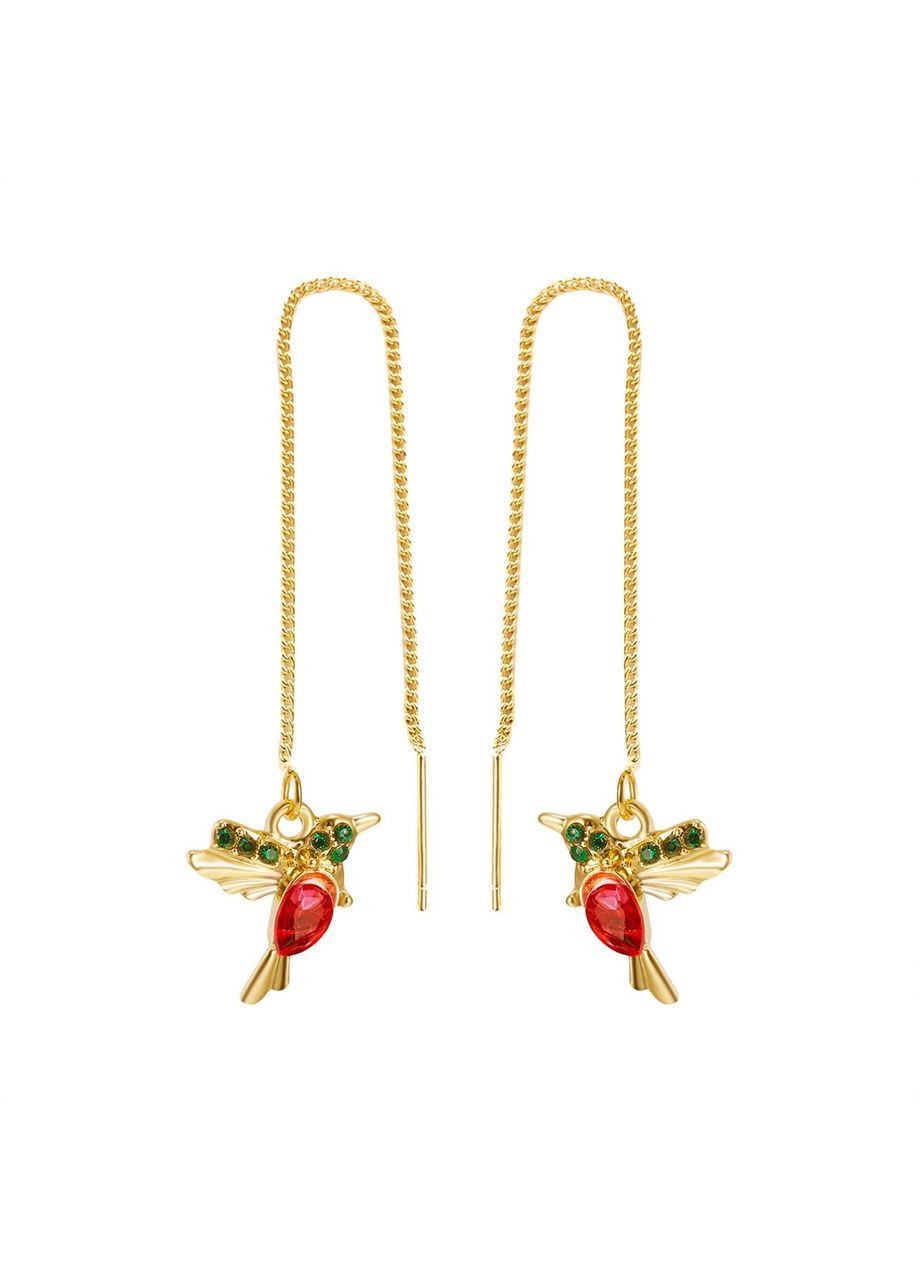 Жіночі довгі сережки протяжки птах Колібрі з червоними та зеленими фіанітами Liresmina Jewelry (289717527)