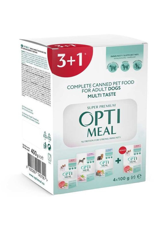 Adult Dogs Multi Taste - Набір №5 Повнораціонний вологий корм з різними смаками для дорослих собак - 3+1 паучі (400 г) Optimeal (370153857)