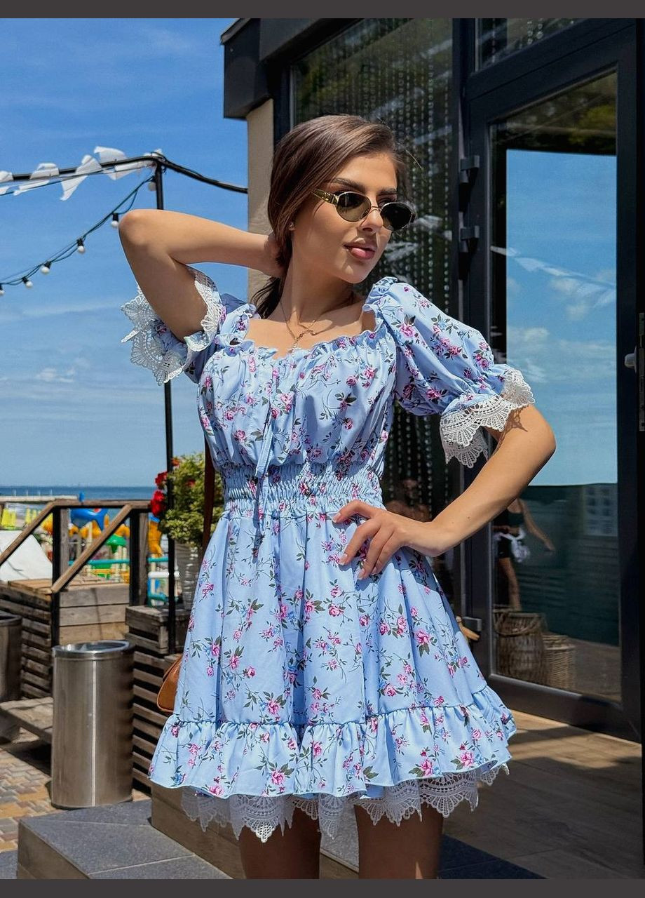 Голубое повседневный женское платье с цветочным принтом Гермес с цветочным принтом