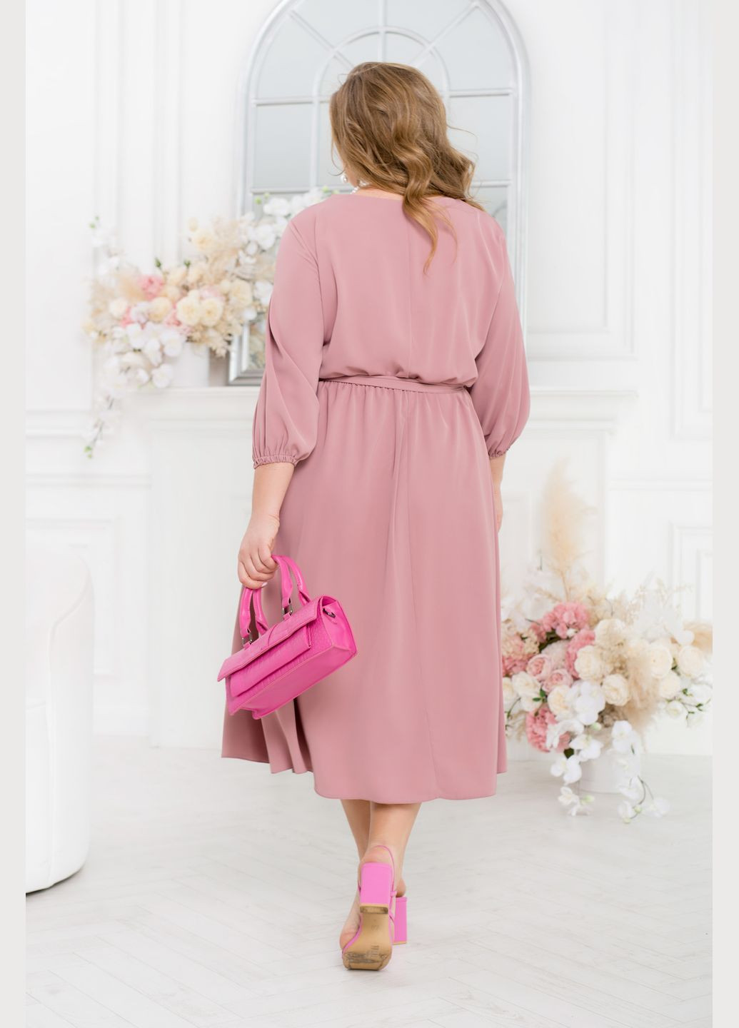 Розово-лиловое повседневный монохромное платье колокол No Brand однотонное