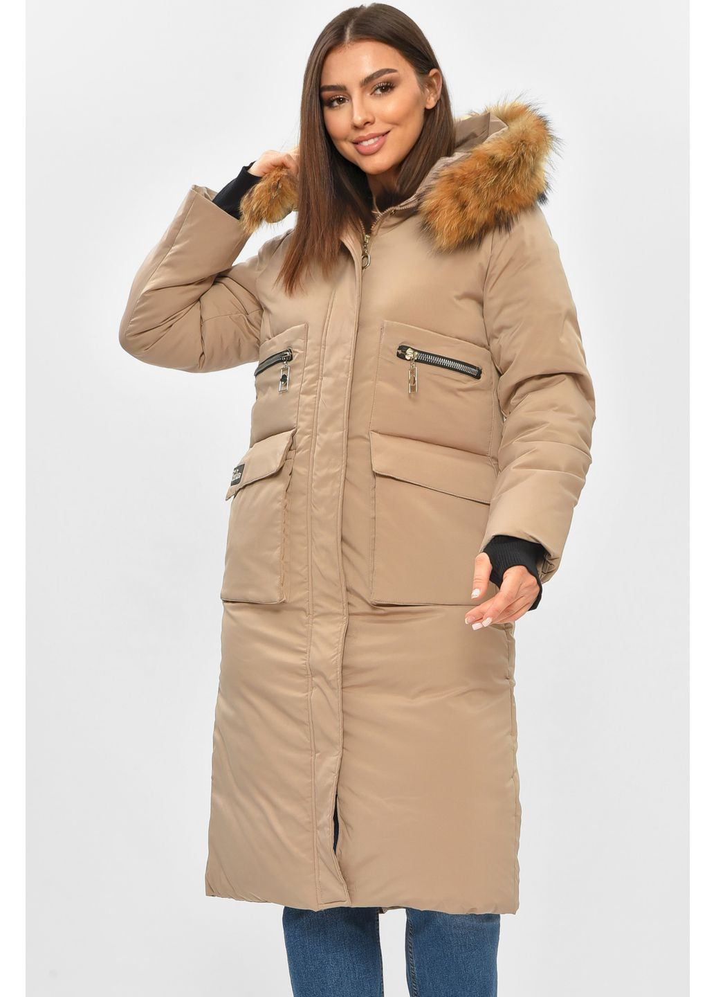 Бежева зимня куртка жіноча подовжена зима бежевого кольору Let's Shop