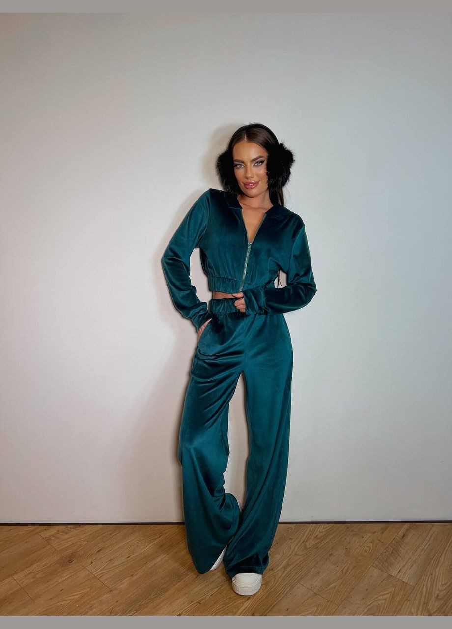 Велюровий жіночий костюм на блискавці смарагдового кольору 31893 Fashion (347585114)