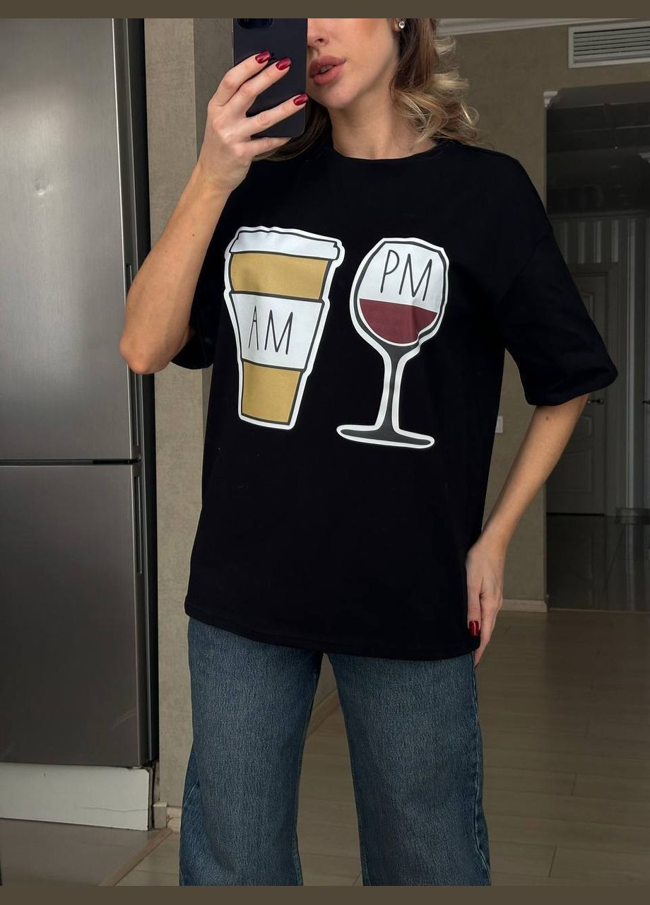 Красивая повседневная футболка из качественного кулира с накатом "кофе и вино", чёрная оверсайз футболка в размере 42-46 No Brand 309 - (291622352)