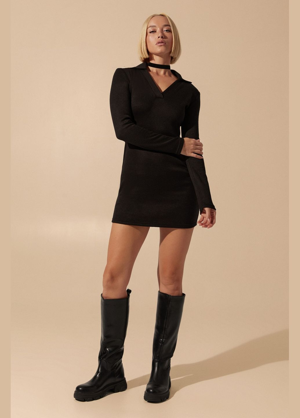 Черное платье-поло мини ангора черное Vovk