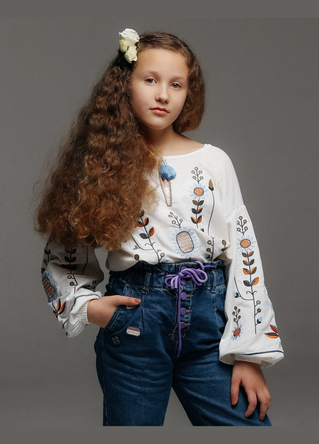 Молочная вышиванка льняная для девочки молочная блуза с вышивкой колосков и подсолнухов узор украинская символика лен (311221518)