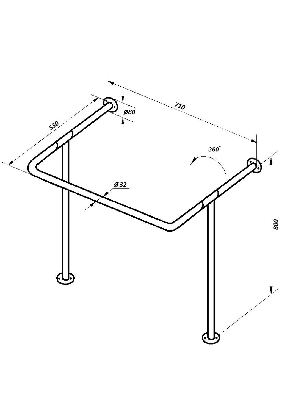 Поручень для мойки "Стена-Пол", Ø 32 мм - 530х710х800 мм, нержавеющая сталь, крепление полистерол Everest (352768924)