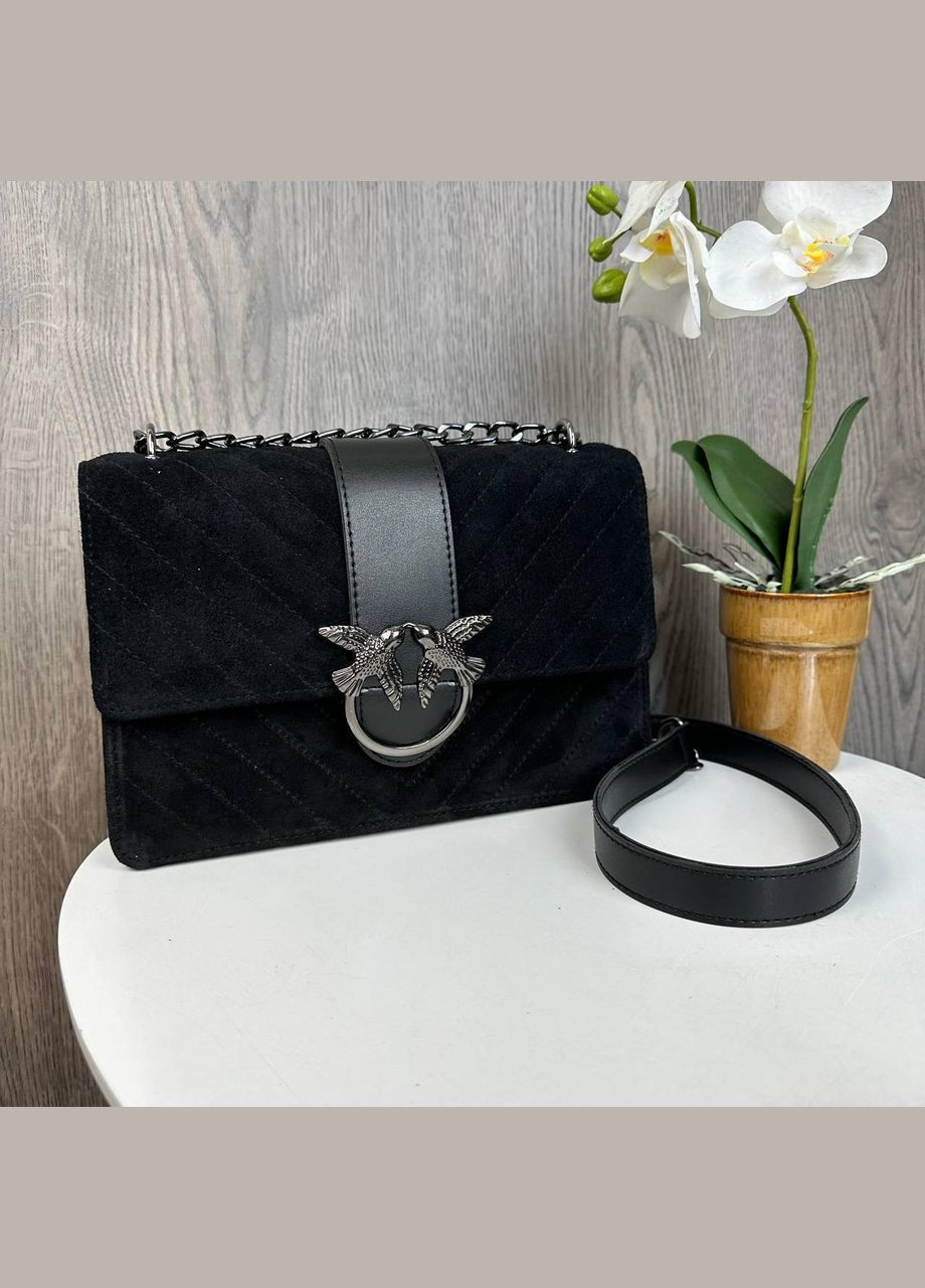 Замшева стьобана сумочка клатч на плече з ланцюжком натуральна чорна замша (sku_1664) No Brand (330576640)
