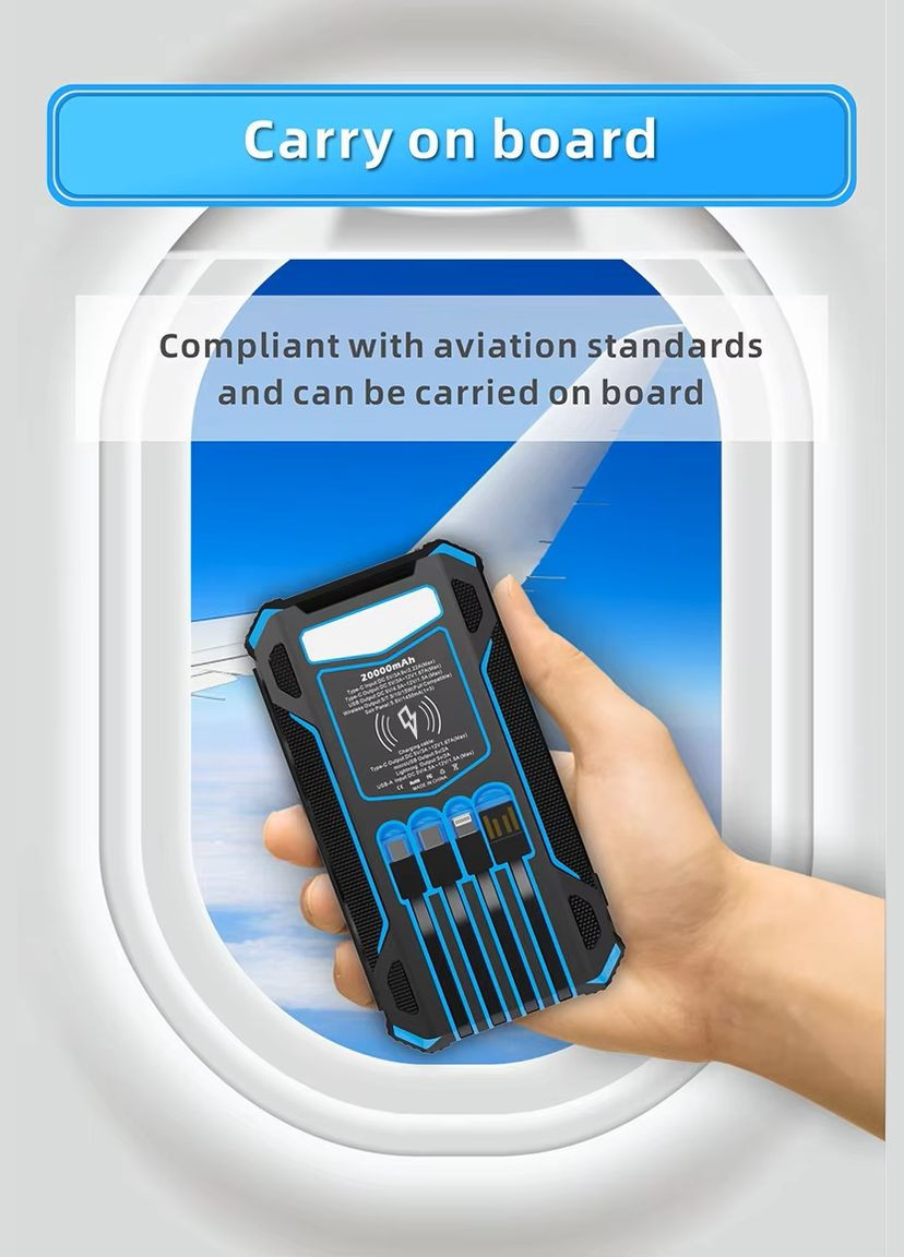 Портативний сонячний павербанк 20000 мАг з бездротовою зарядкою, ліхтарем і пилоударозахистом для екстремальних умов No Brand (313110789)