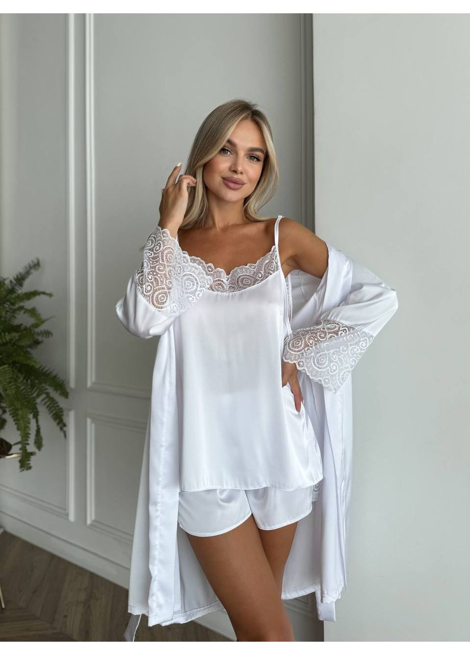 Белый комплект женский майка,шорты,халат,шелк армани Україна