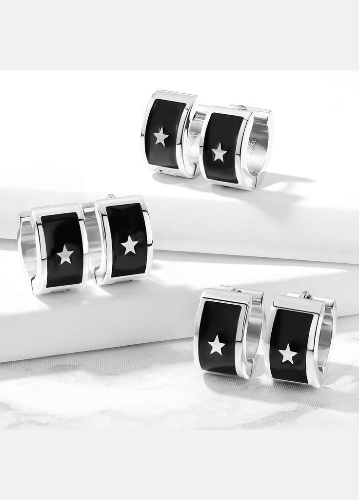 Круглі сережки із сталі із зіркою та чорною емаллю SE3533-ST Spikes (317171485)