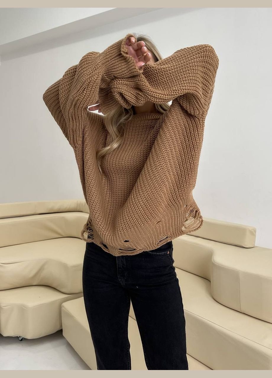 Женский свитер с дырками цвета кэмел р.42/46 407263 New Trend (285711536)