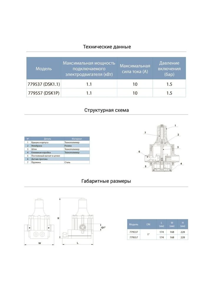 Контроллер давления электронный 1.1кВт Ø1" (779537) AQUATICA (363057051)