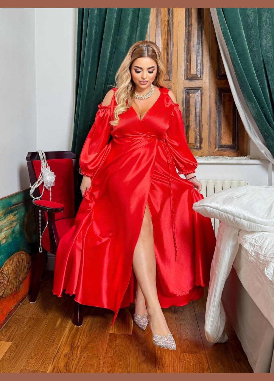 Червона святковий, коктейльна, вечірня довга святкова сукня з розрізом на запах на запах Україна однотонна