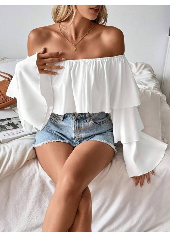 Біла 🌿 блуза з відкритими плечима та воланами вільний крій No Brand
