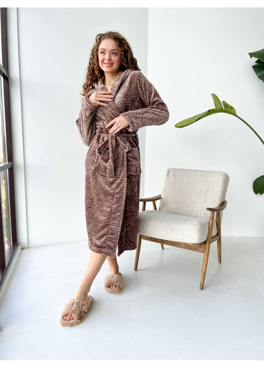 Махровий халат какао з капюшоном і кишенями / Теплий махровий халат жіночий какао / Домашній халат махровий какао з поясом No Brand (366571821)