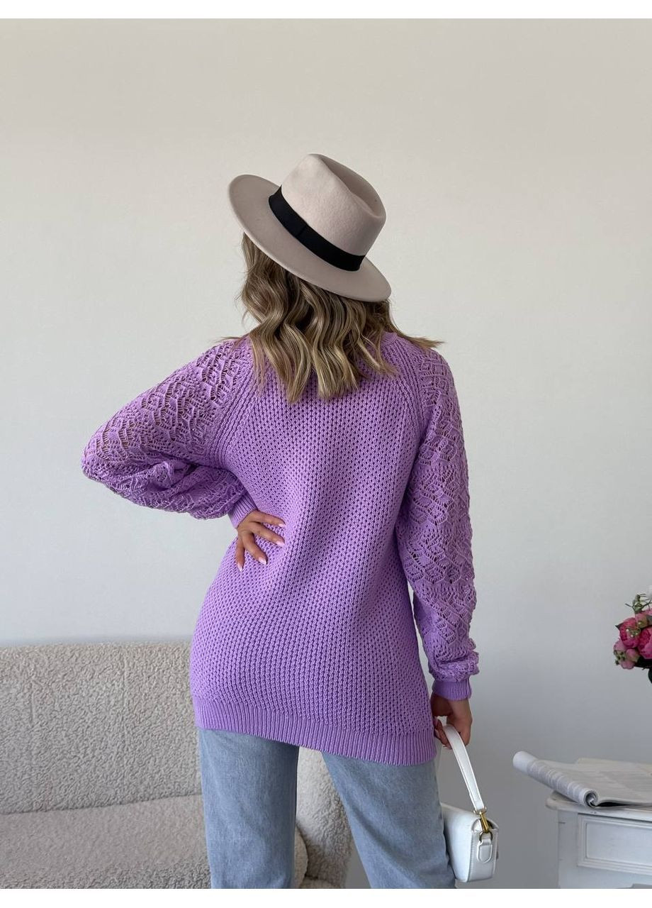 Сиреневый демисезонный женский свитер с ажурными рукавами джемпер No Brand