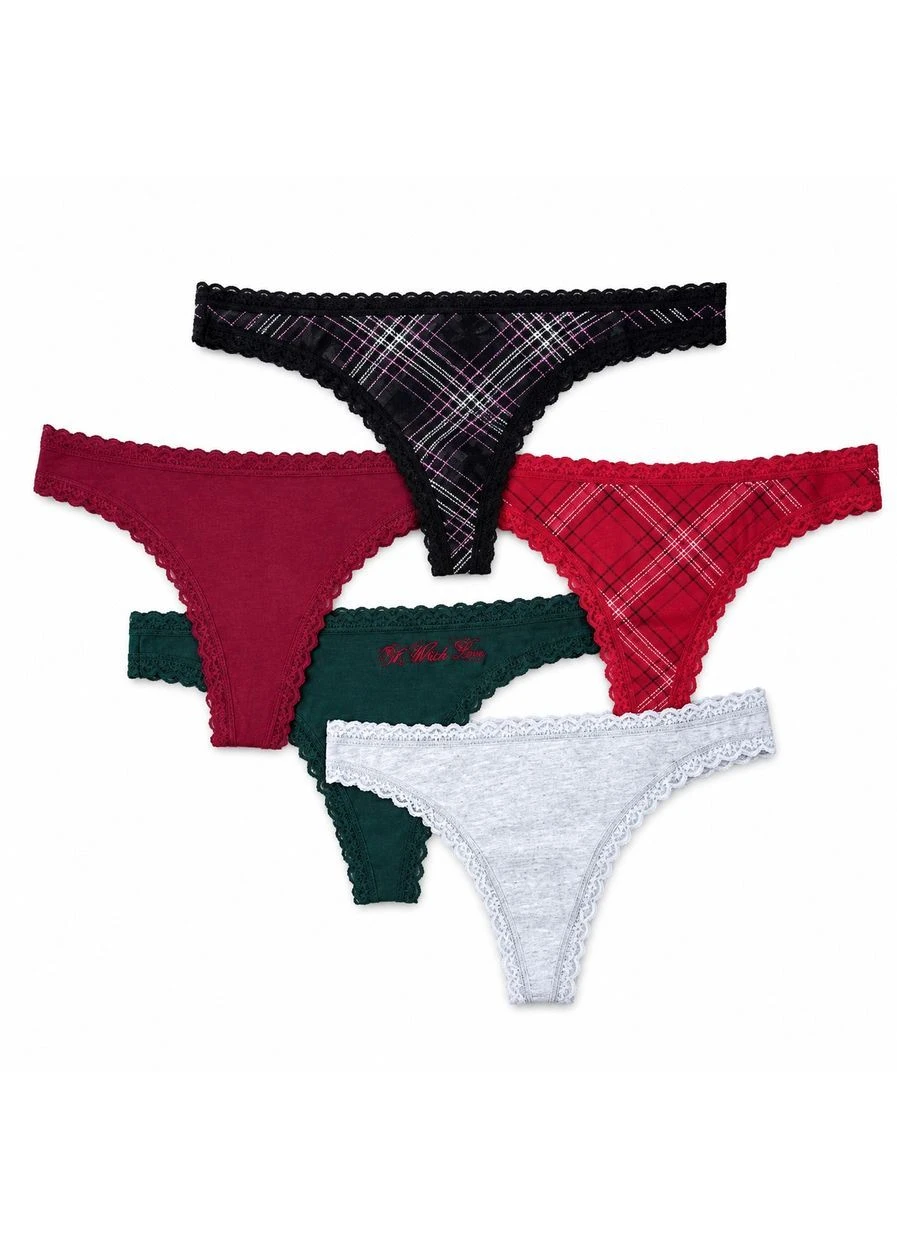 Набір 5 шт бавовняні трусики стринг танга з мереживом Victoria's Secret стрінг (400522336)