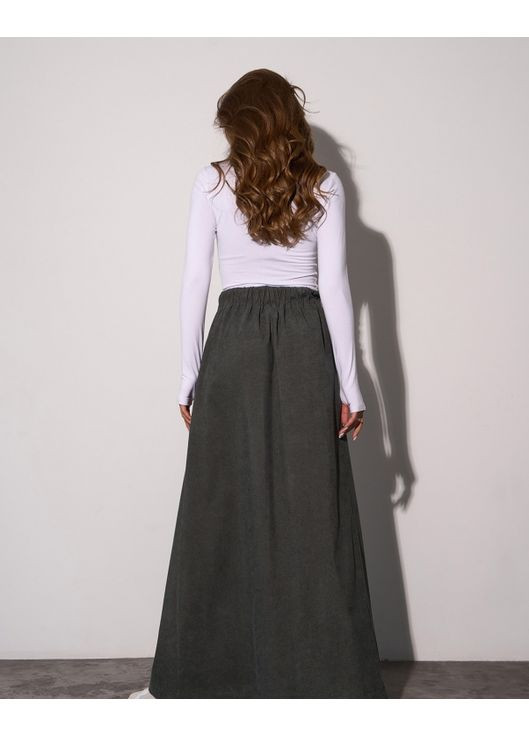 Оливковая (хаки) повседневная, кэжуал однотонная длинная вельветовая юбка на пуговицах ISSA PLUS клешированная