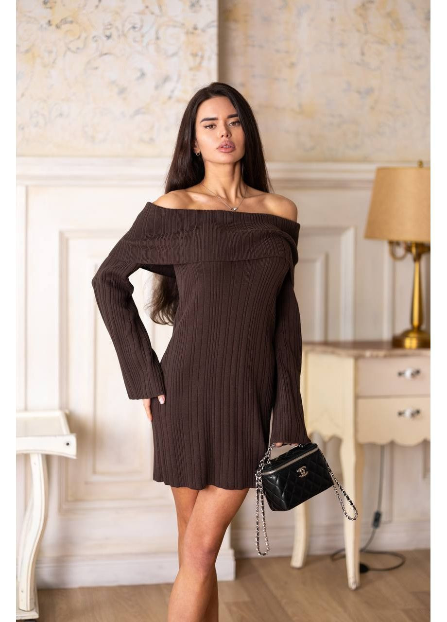 Коричнева повсякденний жіноча в'язана сукня з відкритими плечима з відкритими плечима KaraMix однотонна