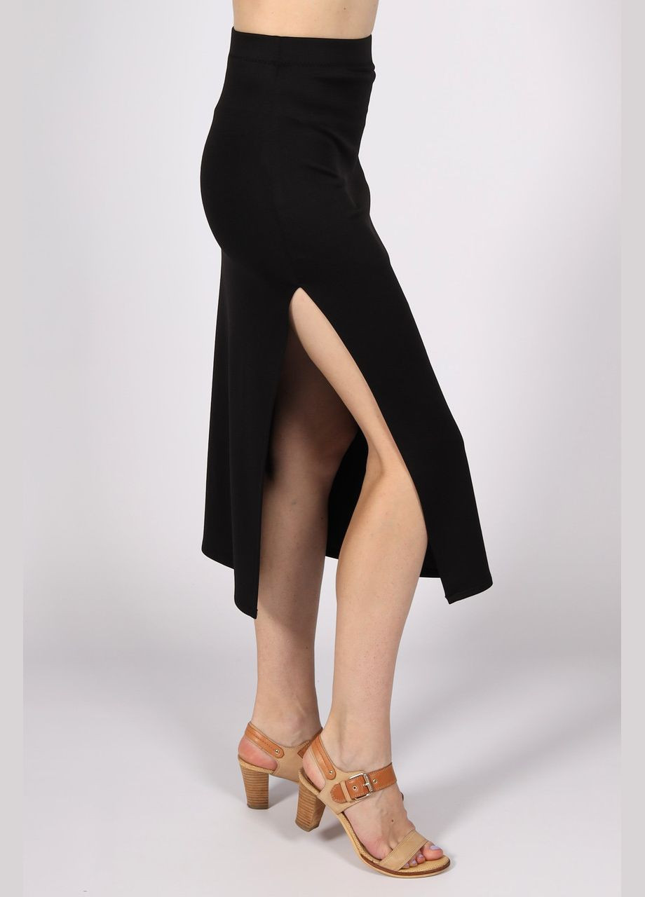 Черная офисная юбка миди, ниже колена, женская трикотажная с разрезом сбоку, однотонная. No Brand