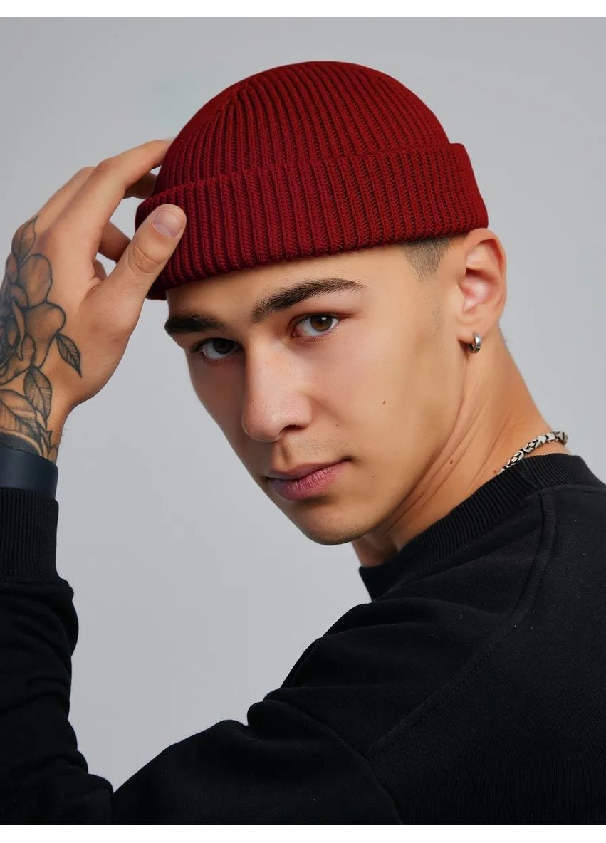 Унисекс шапка мини-бини с отворотом двойная вязка, универсальный размер STD (366343571)