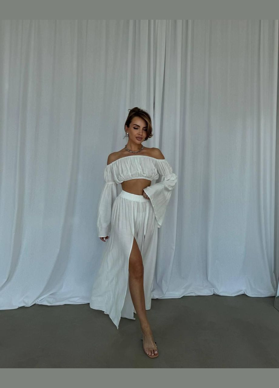 Женский костюм из американского крепа: топ + брюки с разрезами голубой 42–46 No Brand (351903690)