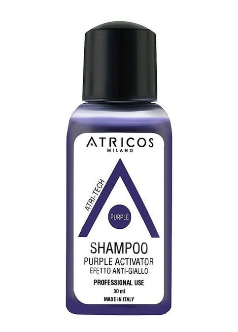 Профессиональный шампунь пурпурный активатор уменьшает желтизну светлых или седых волос 30ml Atricos (332196551)