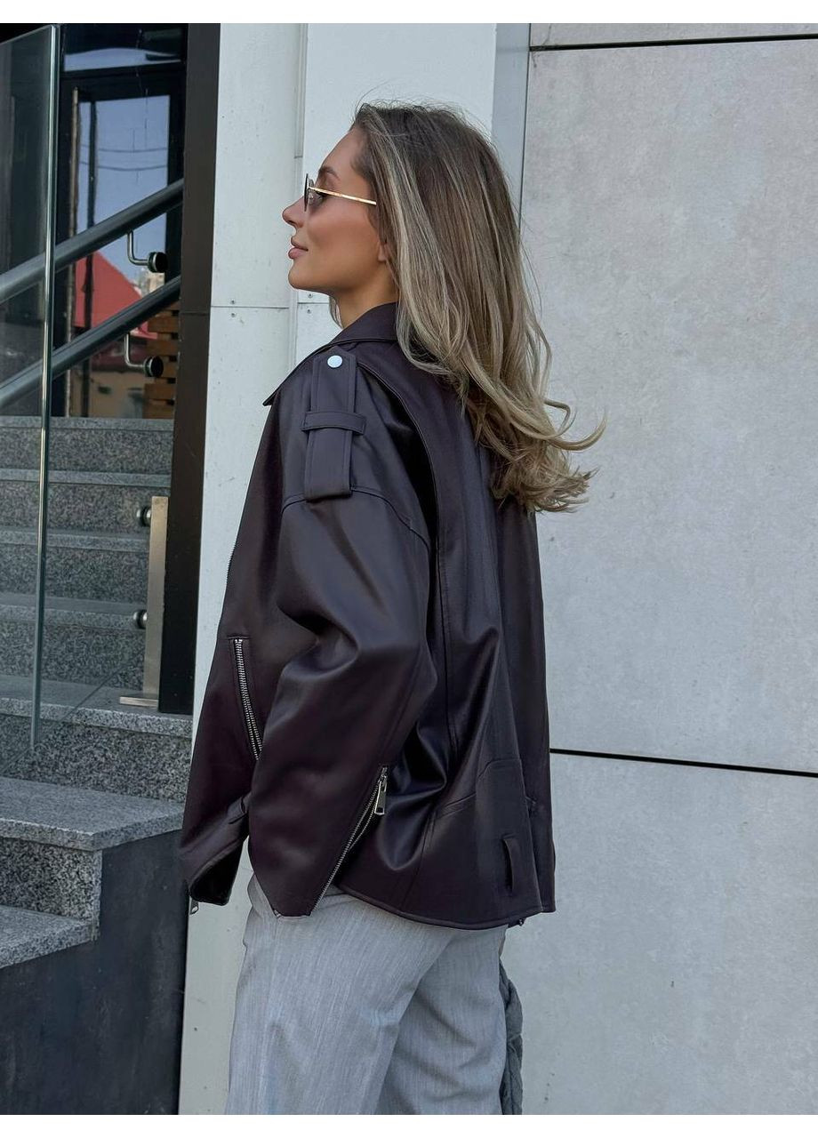 Коричневая демисезонная женская куртка из экокожи pilot с карманами и поясом (mil375) milirud