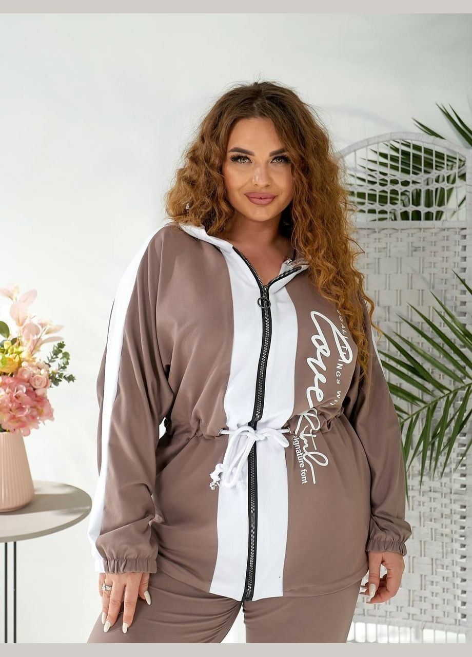 Жіночий спортивний костюм батал великі розміри з капюшоном мокко темно-бежевий на змійці для прогулянок Bonita Спортивний костюм (322569663)