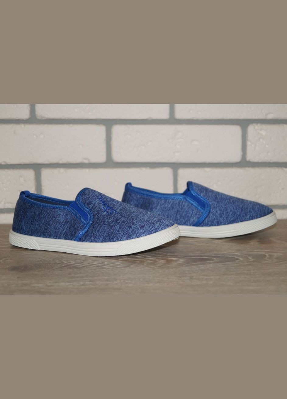 Синие слипоны для мальчика синие Blue Rama с вышивкой, с белой подошвой, с логотипом