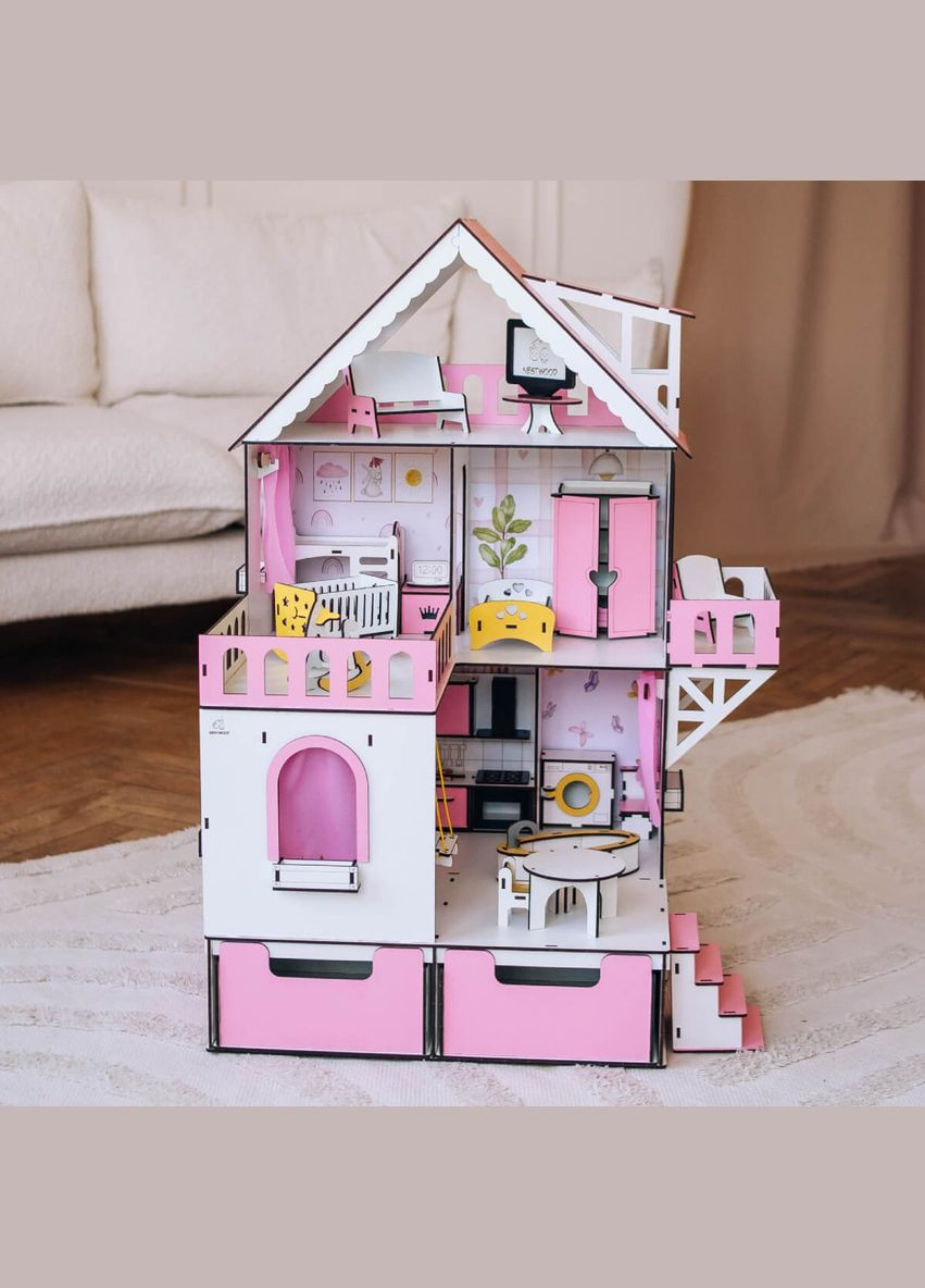 Кукольный домик Мини коттедж с органайзером с мебелью гостинная розовый (kdl001op) NestWood (311300752)