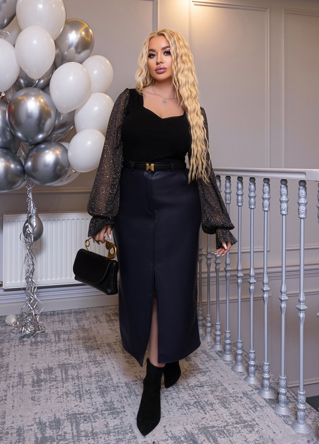 Темно-синяя офисная, повседневная, кэжуал однотонная кожаная юбка No Brand карандаш