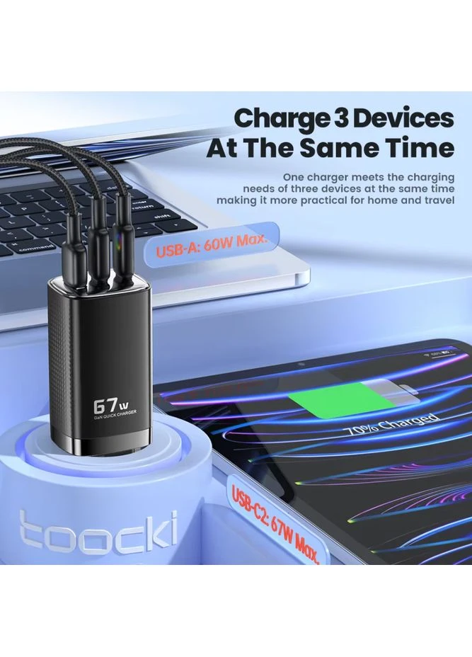 Сетевое зарядное устройство для GaN 67W (USB + 2 Type-C) Black Toocki (322581591)