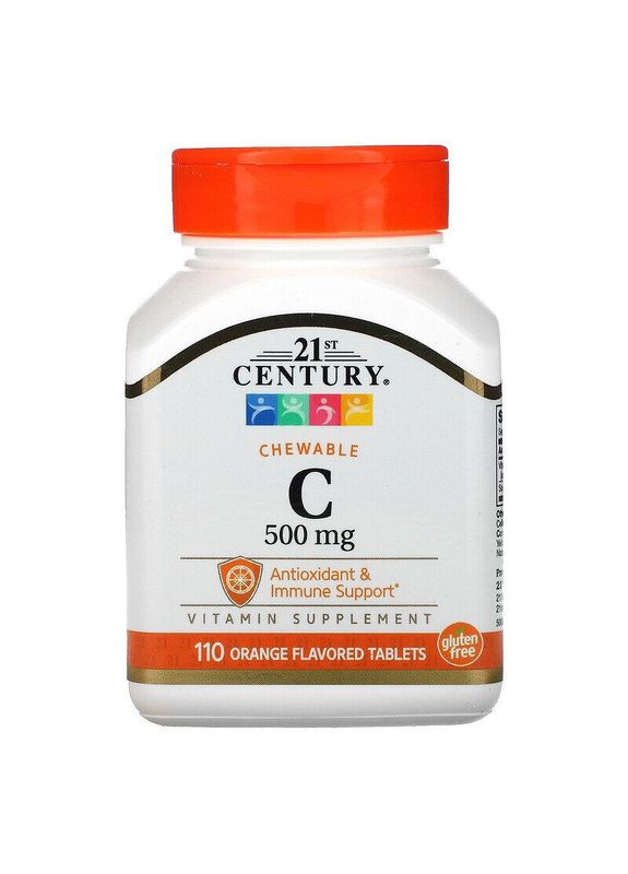 Витамин С, Chewable Vitamin C,, жевательный, со вкусом апельсина, 500 мг, 110 таблеток 21st Century (351382906)