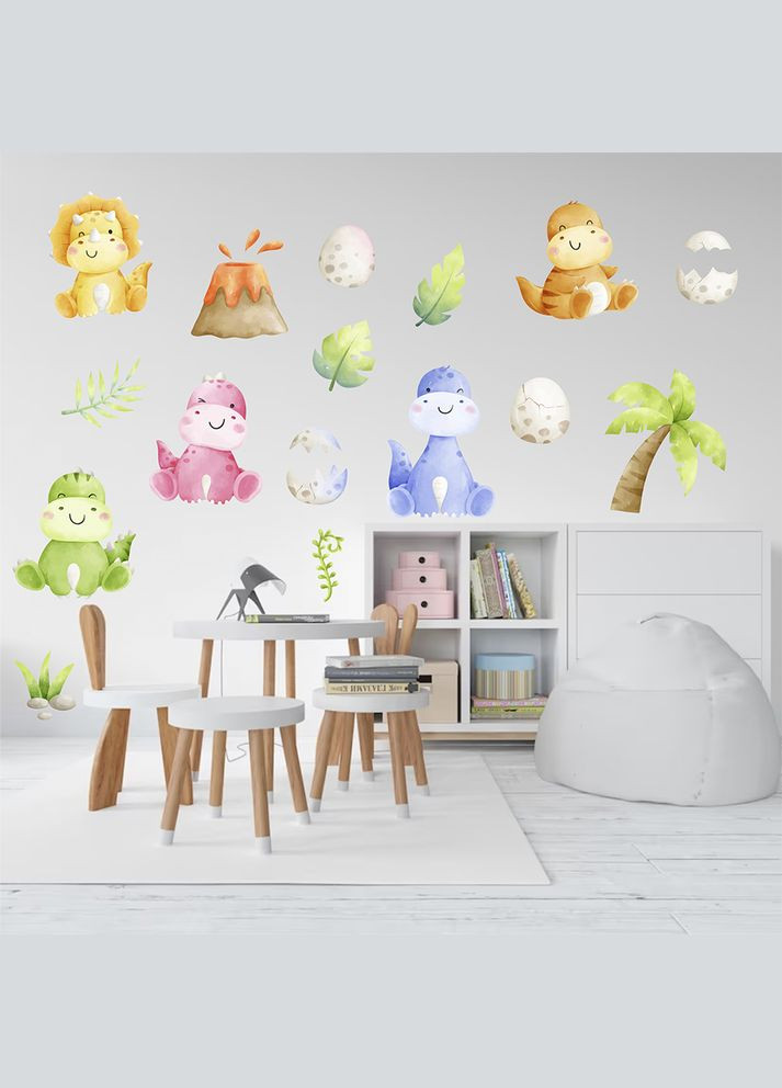 Вінілова інтер'єрна на стіну, шпалери та інші поверхні "Дінозаври Кольорові Динозаври" Кавун наклейка (316189731)