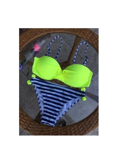 Салатовый летний женский купальник раздельный желто салатовый с пуш ап и трусами в полоску. China