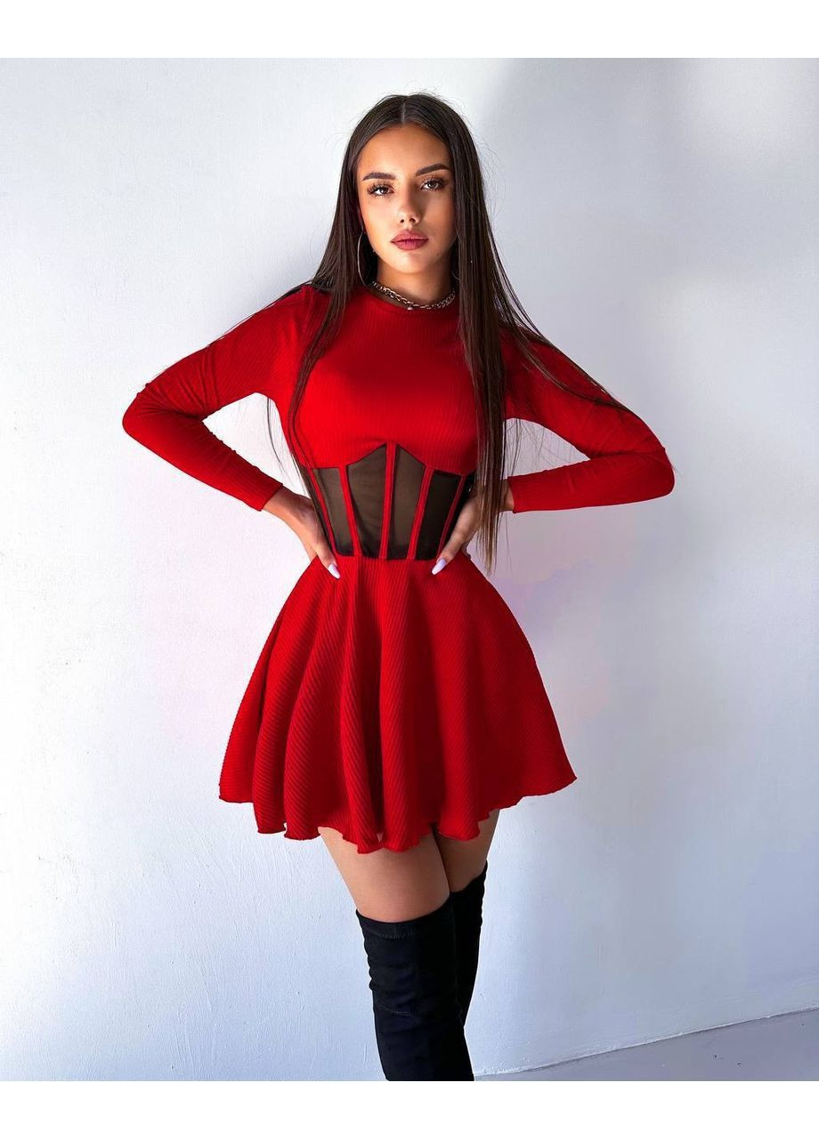 Червона жіноча сукня з імітацією корсету в рубчик No Brand