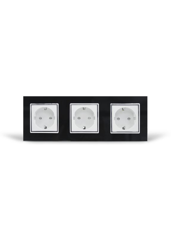 Потріна електрична розетка з заземленням, біла з чорною рамкою, хромованою вставкою, скло, шторки, 250В 16А Livolo (372162050)