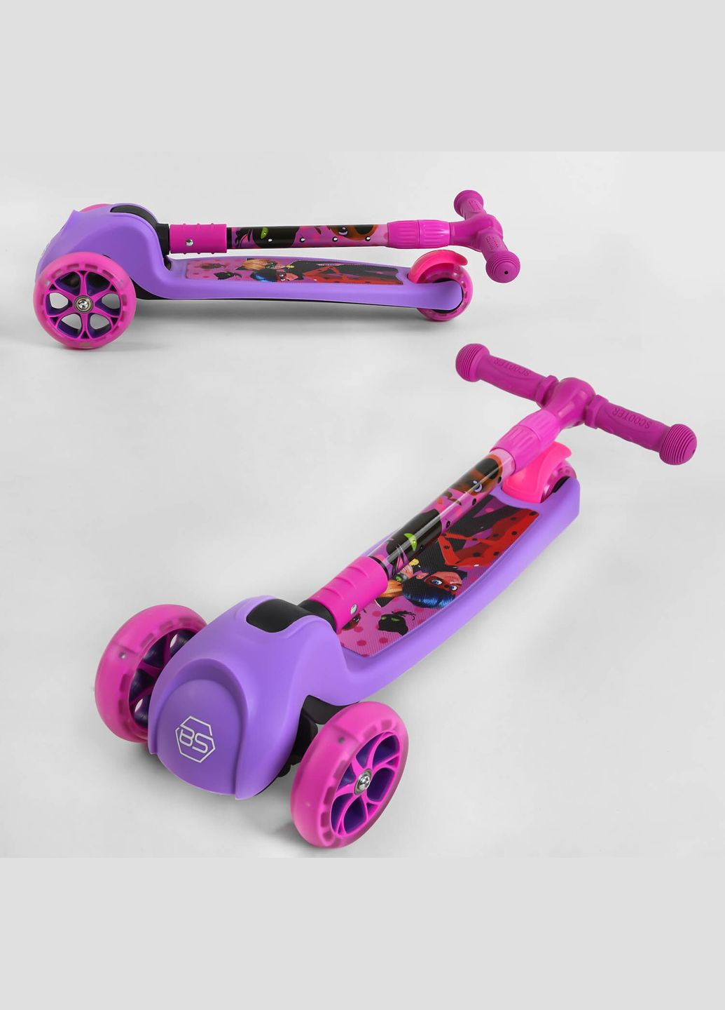 Детский самокат 80277. Подсветка колёс и диска, складной руль,3 PU колеса. Розовый Best Scooter (282954559)