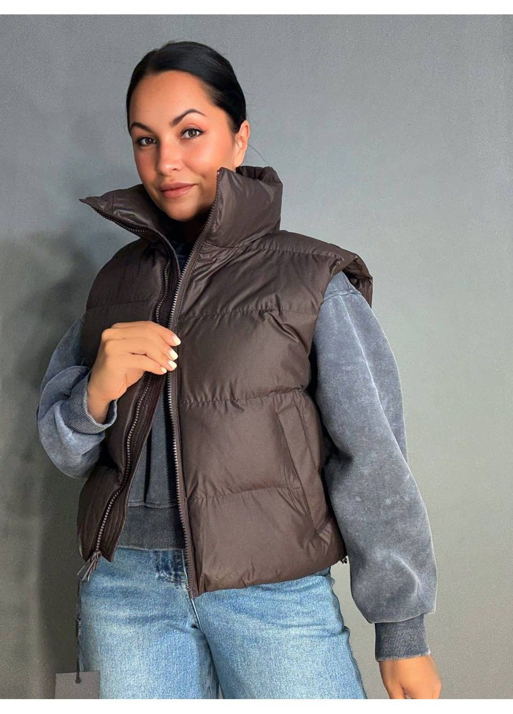 Жилетка женская A-N 10013 дутая без капюшона коричневая No Brand (343276854)