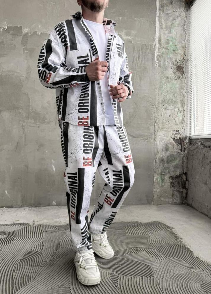 Білий демісезонний костюм котоновий сорочка штани оверсайз стильний принт весна осінь No Brand