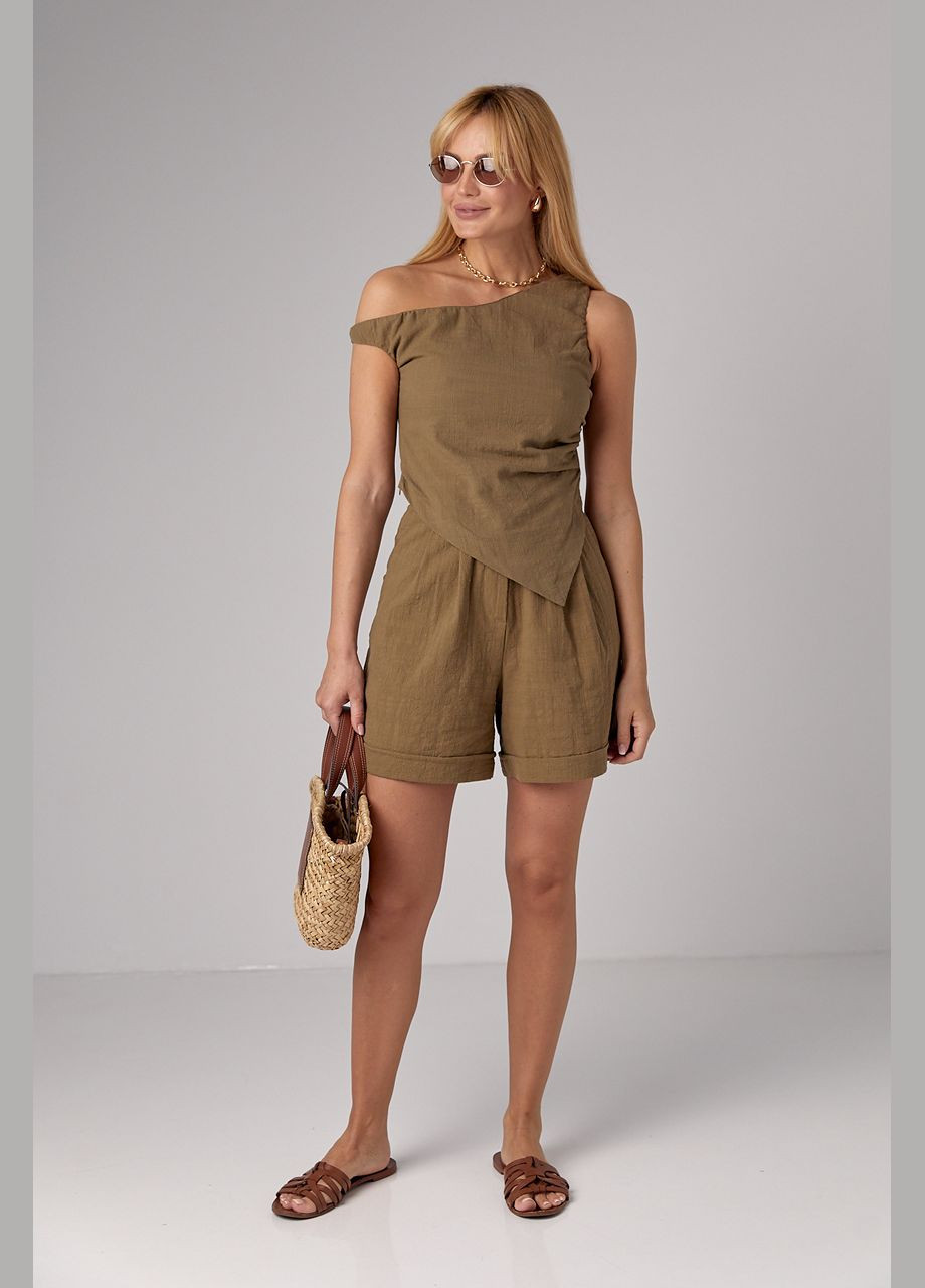 Жіночий лляний костюм із шортами та асиметричним топом - чорний Lurex (297579061)