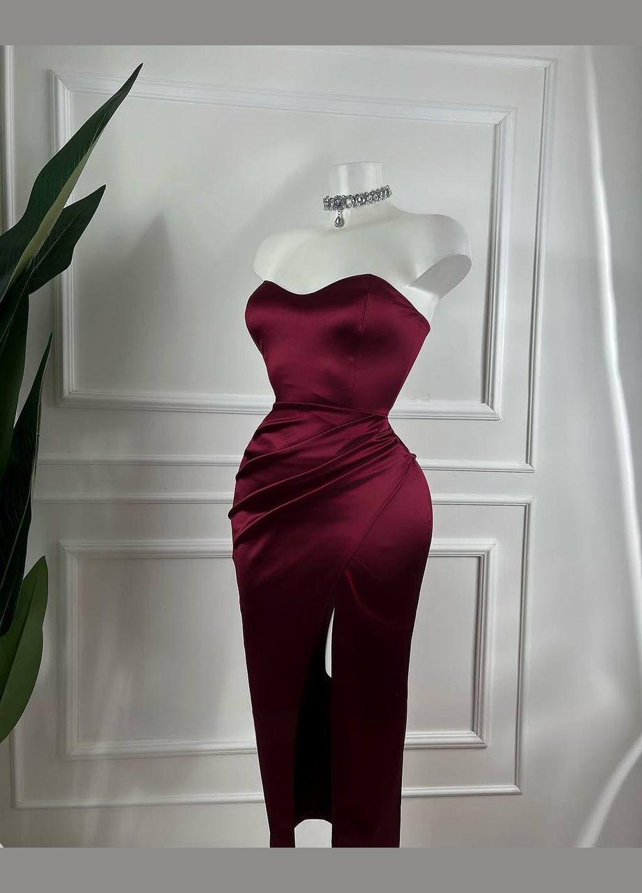 Бордова святковий, вечірня жіноча атласна сукня міді з корсетом No Brand