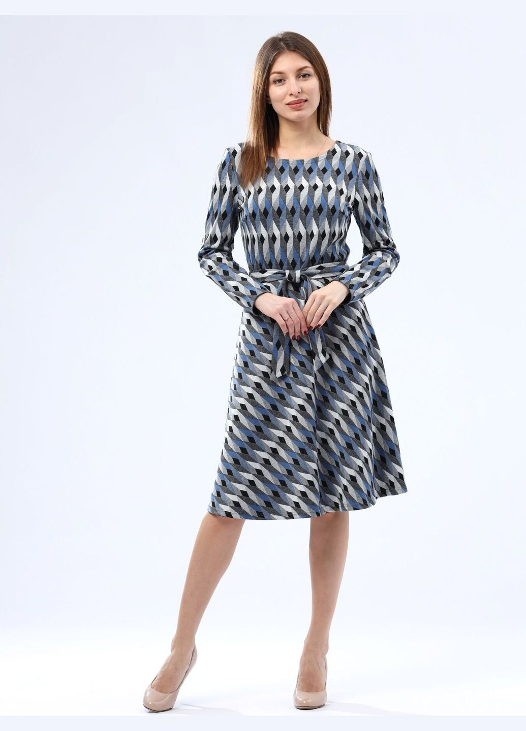 Комбінована трикотажна сукня з геометричним принтом 5760с сіро-синя Cat Orange