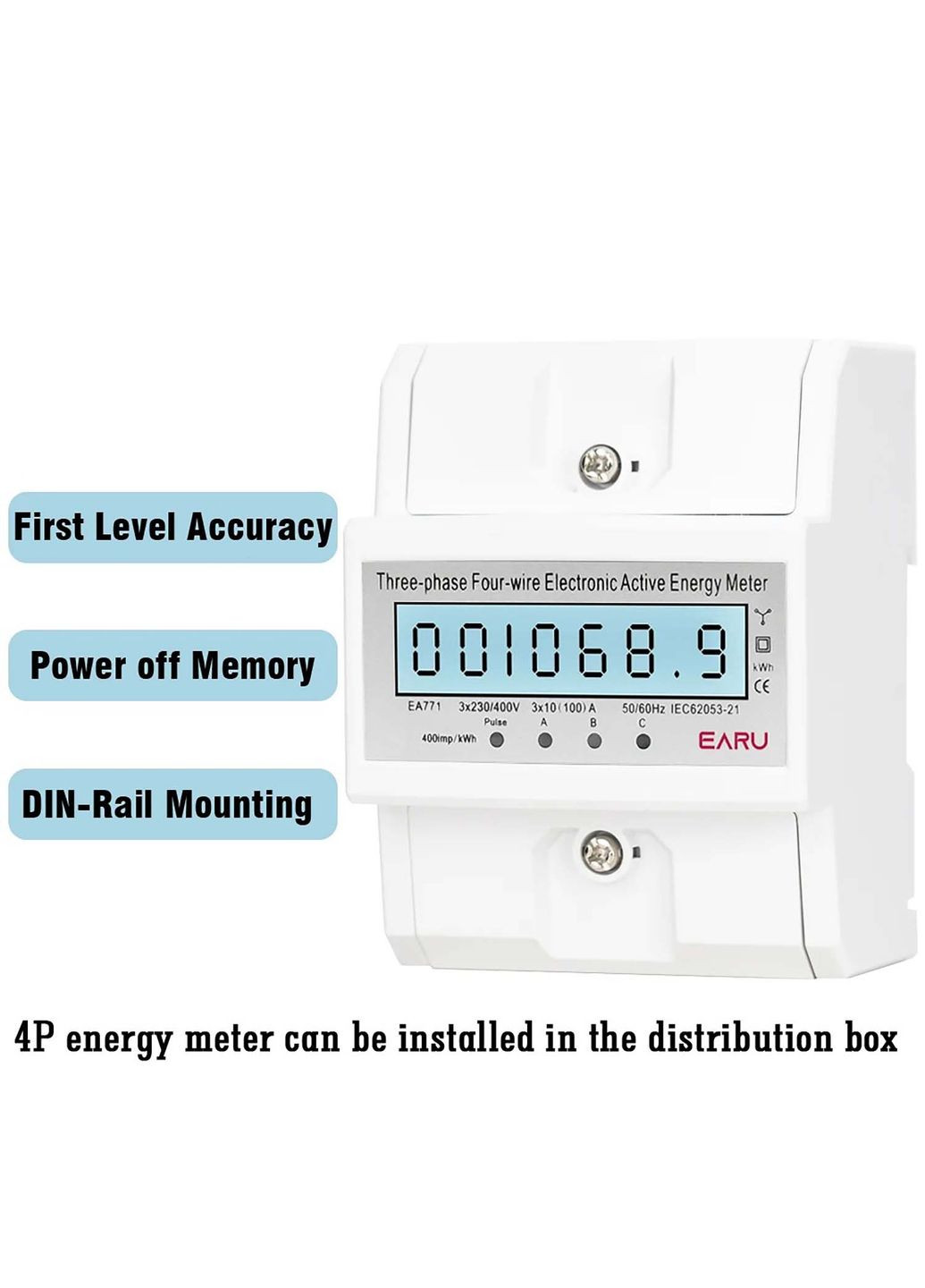 Лічильник електроенергії 230/380В 3 фазний 100А на DIN рейку з підсвічуванням EARU EA771 Yu Xin (341724414)