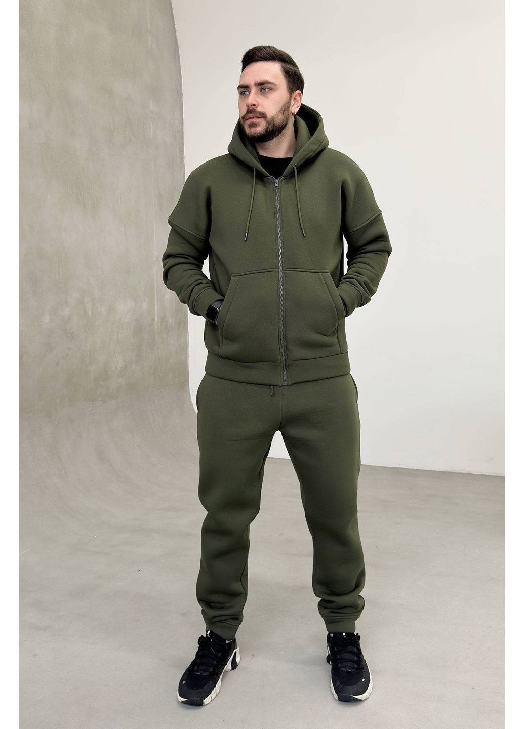 Оливковый (хаки) демисезонный спортивный костюм тринитка на флисе (кофта, брюки), цвет хаки Nenka