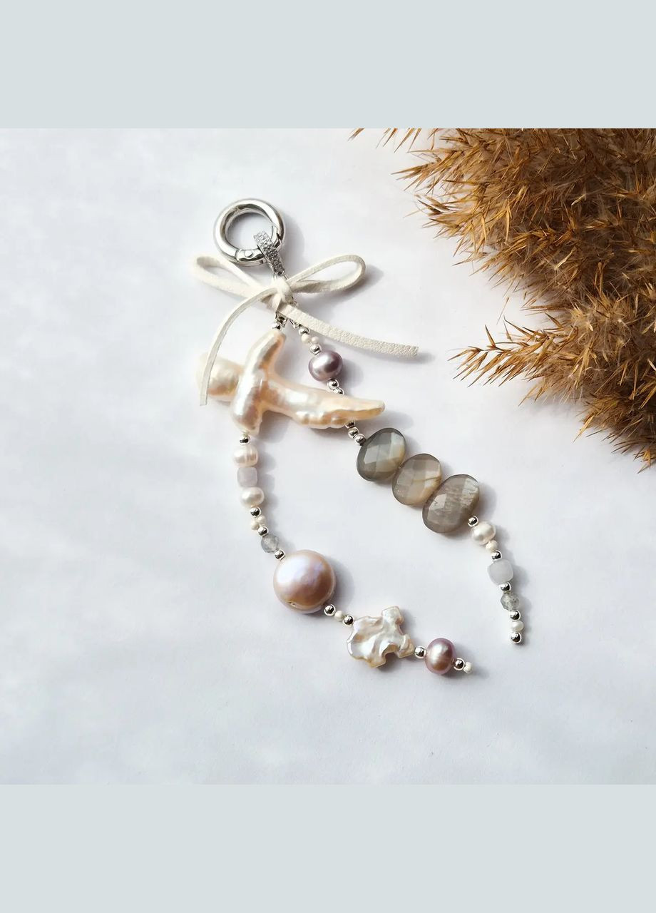 Брелок із вставками натуральний Перли, Лабрадор, Морганіт, Сонячний камінь L-14см No Brand Брелок (334350416)