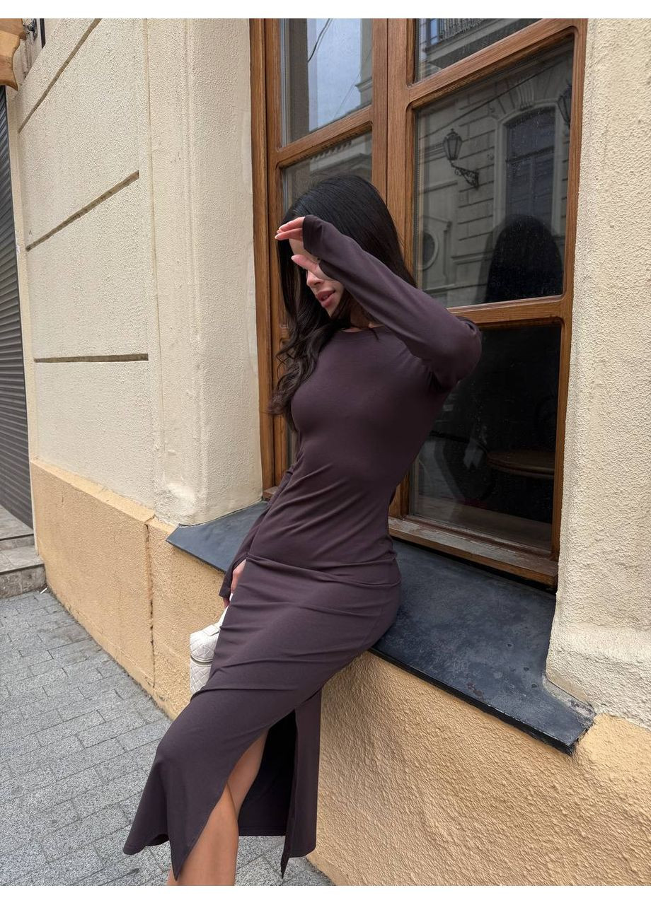 Коричнева повсякденний сукня з довгим рукавом та розрізом збоку – елегантність у кожній деталі 💫 (заміри в описі) DK/DL Мода без кордонів однотонна