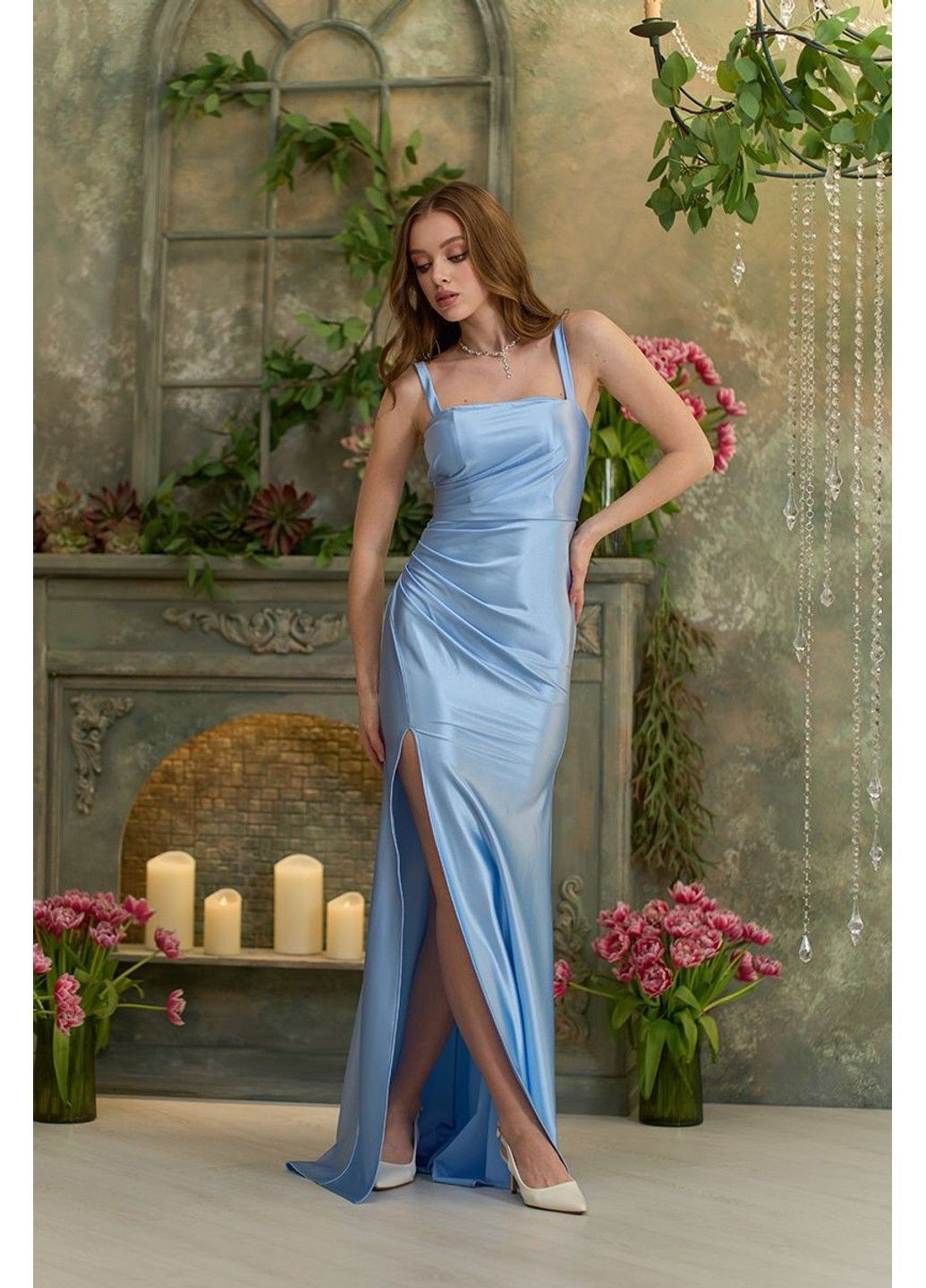 Голубое вечернее платье атлас макси 25007 голубое Tanita-Romario