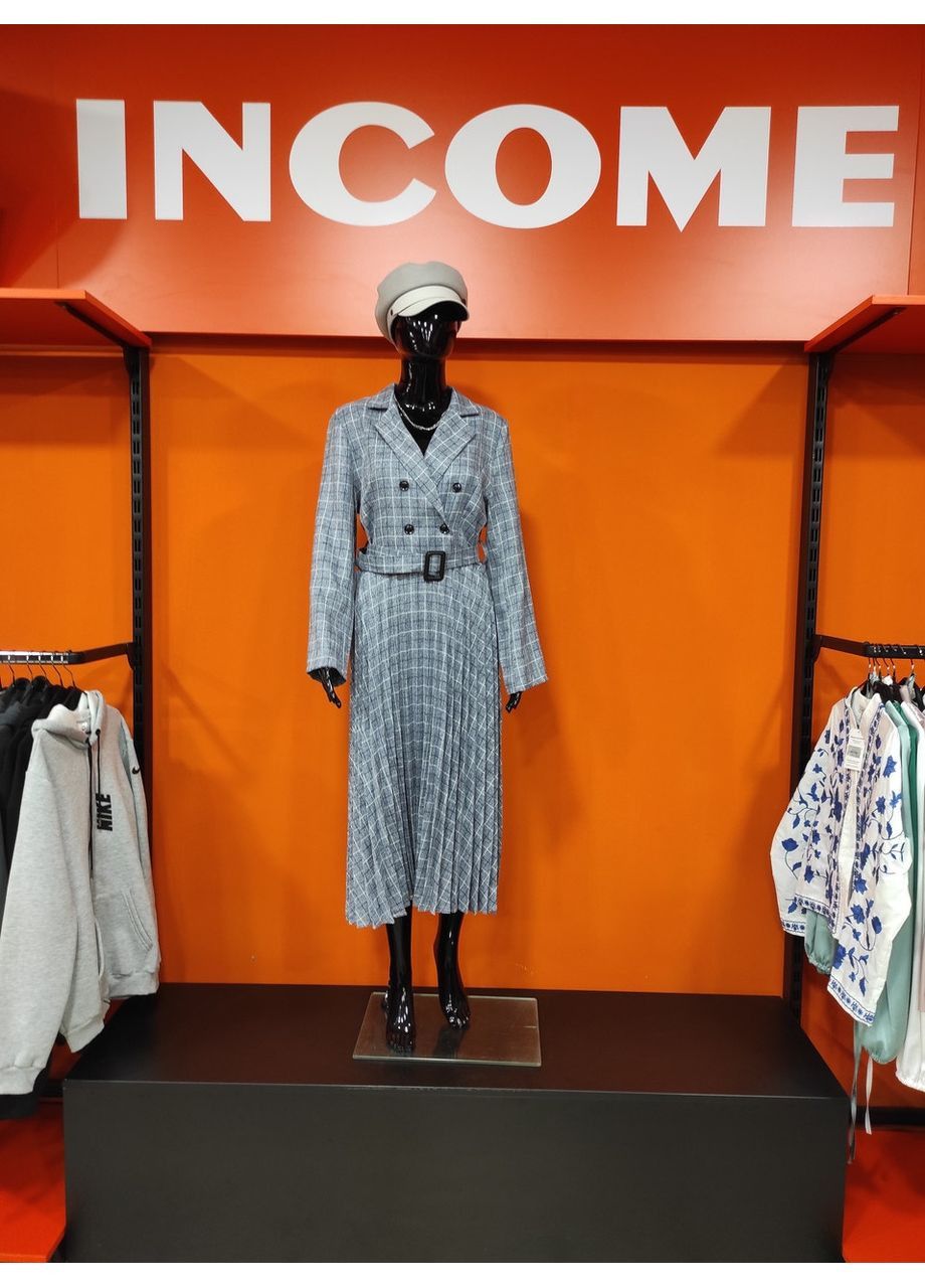 Серое деловое платье длинное плиссированная юбка длинный рукав No Brand